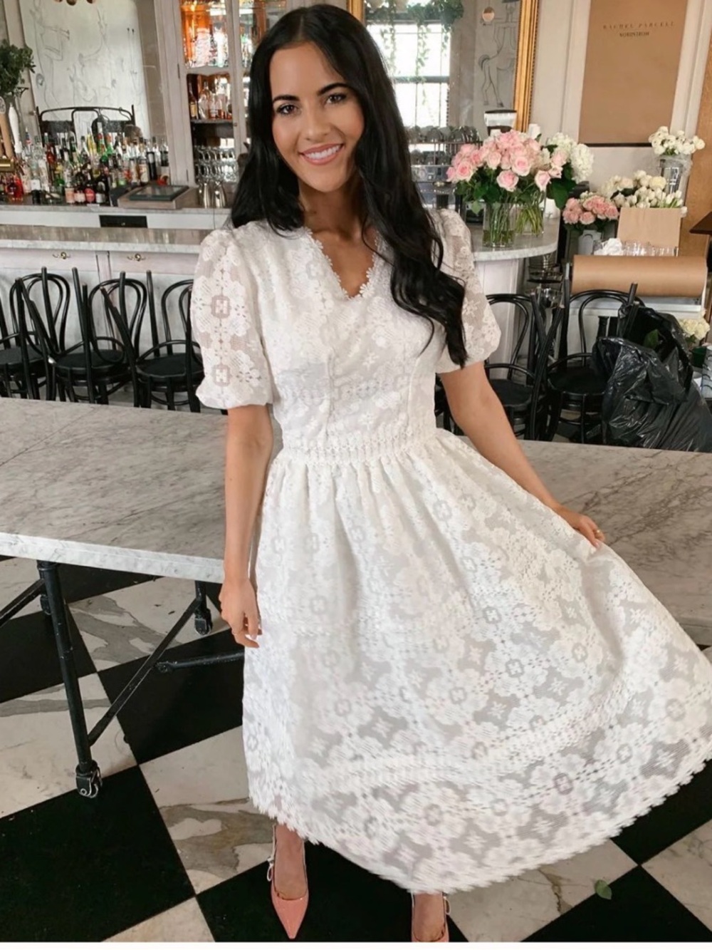 Rachel Parcel White Lace Midi Dress in Medium